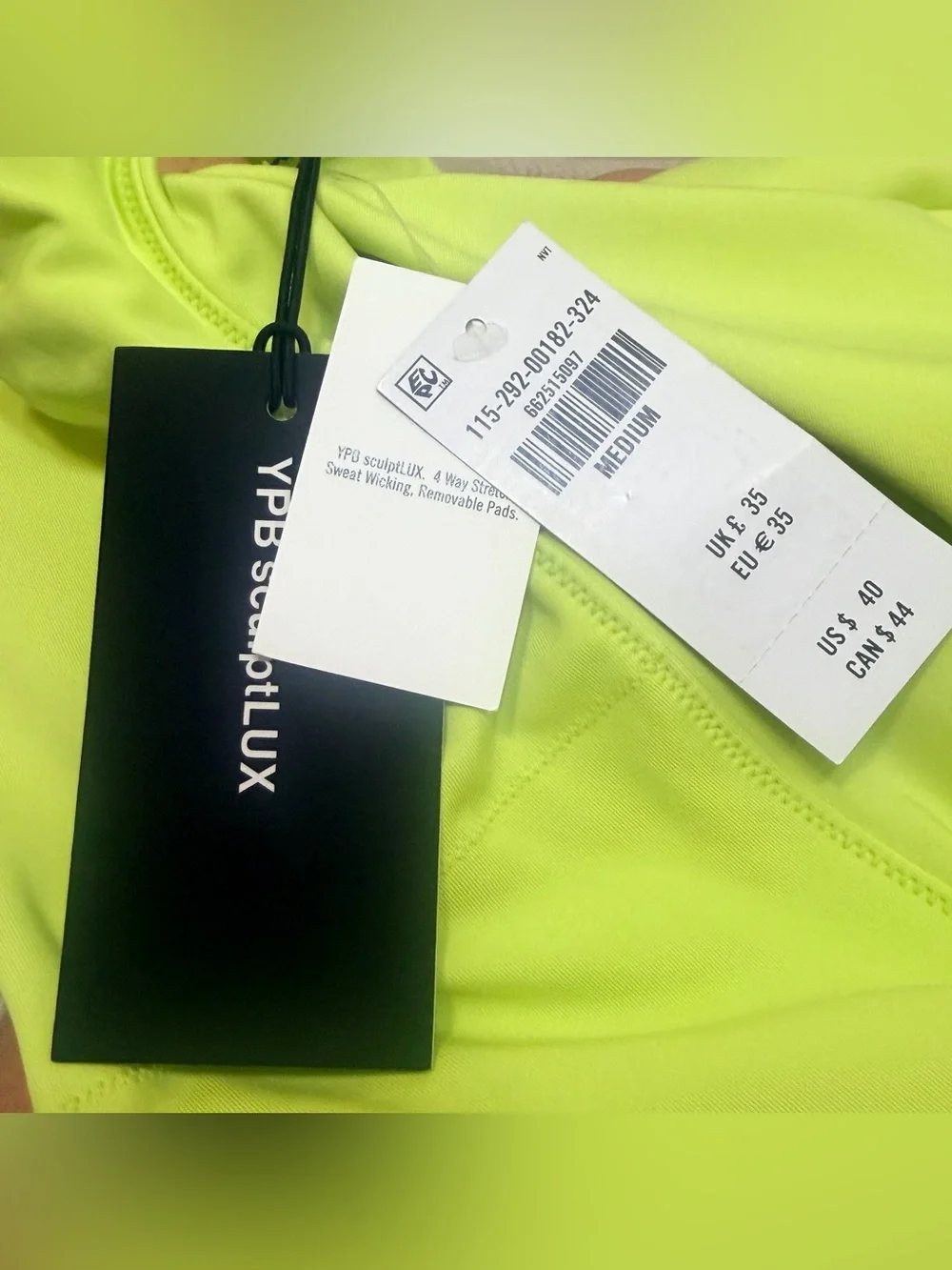 NWT YPB sculptlux neon yellow 4 way stretch sweat wicking sports bra, Medium - Picture 7 of 7